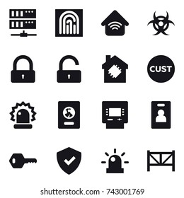 16 vector icon set : server, fingerprint, wireless home, lock, unlock, smart house, passport, atm, identity card, key, farm fence