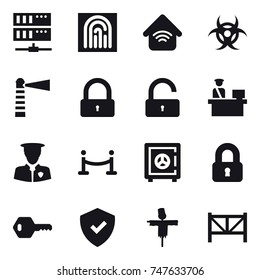 16 vector icon set : server, fingerprint, wireless home, lighthouse, lock, unlock, vip fence, safe, locked, key, scarecrow, farm fence