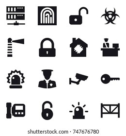 16 vector icon set : server, fingerprint, unlock, lighthouse, lock, smart house, surveillance, key, intercome, farm fence