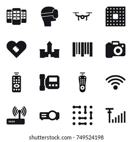 16 vector icon set : server, virtual mask, drone, cpu, castle, camera, remote control, intercome