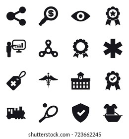 16 vector icon set : share, dollar magnifier, eye, medal, presentation, spinner, medal, university, train, tennis, handle washing