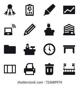 16 vector icon set : share, report, marker, statistic, notebook wireless, pencil, reception, watch, table, window, trash bin, skyscapers cleaning
