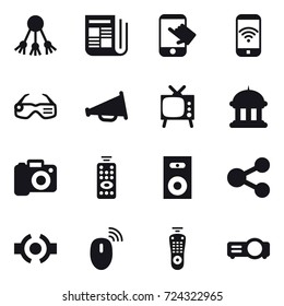 16 vector icon set : share, newspaper, touch, phone wireless, smart glasses, loudspeaker, tv, goverment house, camera, remote control and speaker icons.