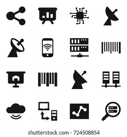 16 vector icon set : share, presentation, chip, satellite antenna, phone wireless, server, barcode