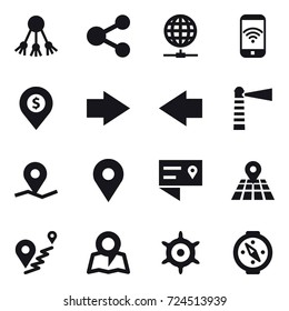 16 vector icon set : share, globe connect, phone wireless, dollar pin, right arrow, left arrow, lighthouse, map, handwheel, compass