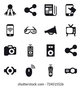 16 vector icon set : share, newspaper, touch, phone wireless, smart glasses, loudspeaker, tv, camera, remote control, speaker