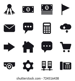 16 vector icon set : share, money, flag, mail, message, calculator, cloude service, right arrow, home, surveillance camera