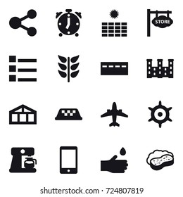 16 vector icon set : share, alarm clock, sun power, store signboard, list, bunker, palace, greenhouse, taxi, airplane, handwheel, coffee maker, hand drop, sponge with foam