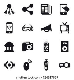16 vector icon set : share, newspaper, touch, phone wireless, smart glasses, loudspeaker, tv, goverment house, camera, remote control, speaker