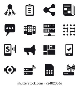 16 vector icon set : share, clipboard, newspaper, message, server, chip, mobile pay, megafon, mobile checking