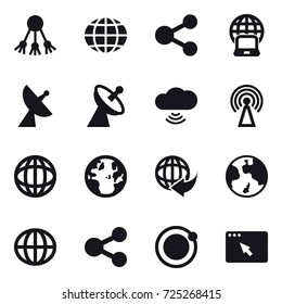 16 vector icon set : share, globe, notebook globe, satellite antenna, cloud wireless, antenna, earth