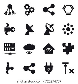 16 vector icon set : share, gear, hex molecule, satellite, satellite antenna, round around, server, cloud wireless, wireless home, puzzle