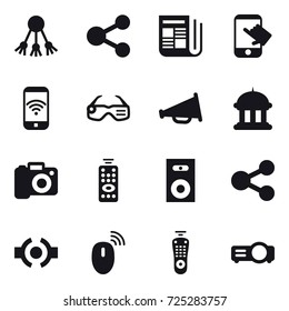 16 vector icon set : share, newspaper, touch, phone wireless, smart glasses, loudspeaker, goverment house, camera, remote control, speaker