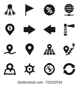 16 vector icon set : share, flag, percent, globe connect, dollar pin, right arrow, left arrow, lighthouse, map, handwheel, compass, reload