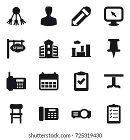16 vector icon set : share, man, pencil, monitor arrow, store signboard, building, city, table, chair, clipboard list
