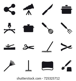 16 vector icon set : share, telescope, pan, whisk, big fork, soil cutter, scissors, rake, pruner, sponge, toilet brush