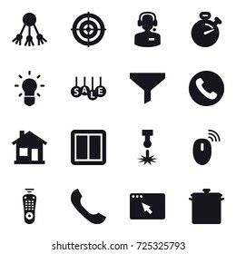 16 vector icon set : share, target, call center, stopwatch, bulb, sale, funnel, phone, home, power switch, pan