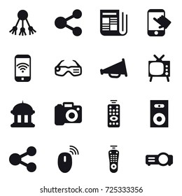 16 vector icon set : share, newspaper, touch, phone wireless, smart glasses, loudspeaker, tv, goverment house, camera, remote control, speaker