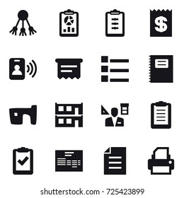 16 vector icon set : share, report, clipboard, receipt, pass card, atm receipt, list, copybook, slum, modular house, architector