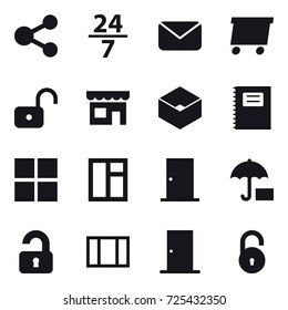 16 vector icon set : share, 24/7, mail, delivery, unlock, shop, box, copybook, window, door, unlocked
