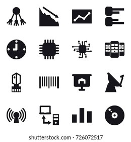 16 vector icon set : share, crisis, statistic, diagram, clock, chip, server, crystall memory, barcode, presentation 16 vector icon set : share, crisis, statistic, diagram, clock, chip, server, crystall memory, barcode, presentation