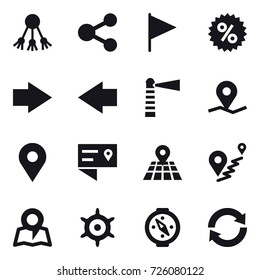 16 vector icon set : share, flag, percent, right arrow, left arrow, lighthouse, map, handwheel, compass, reload