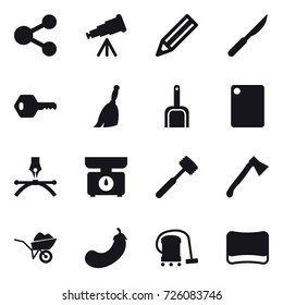 16 vector icon set : share, telescope, pencil, key, broom, scoop, cutting board, kitchen scales, meat hammer, axe, wheelbarrow, eggplant, vacuum cleaner, sponge