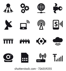 16 vector icon set : share, gear, globe connect, satellite, satellite antenna, notebook wireless, antenna, mobile pay, bridge