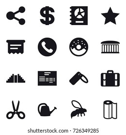 16 vector icon set : share, dollar, annual report, star, atm receipt, phone, donut, airport building, pyramid, suitcase, scissors, watering can, wasp, paper towel