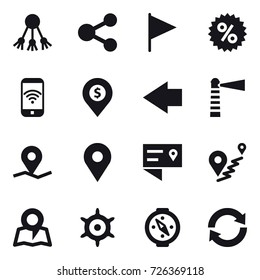 16 vector icon set : share, flag, percent, phone wireless, dollar pin, left arrow, lighthouse, map, handwheel, compass, reload