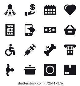 16 Vector Icon Set : Share, Investment, Calendar, Heart, Abacus, Touch, Money, Remove From Basket, Column, Pan, Ring Button, Package