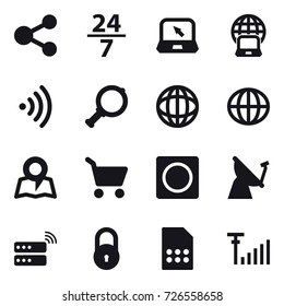16 vector icon set : share, 24/7, notebook, notebook globe, wireless, magnifier, globe, map, cart, ring button
