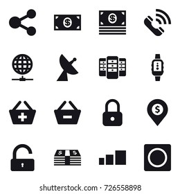 16 vector icon set : share, money, call, globe connect, satellite antenna, server, smartwatch, add to basket, remove from basket, lock, dollar pin, unlock, ring button