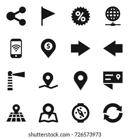 16 vector icon set : share, flag, percent, globe connect, phone wireless, dollar pin, right arrow, left arrow, lighthouse, map, compass, reload