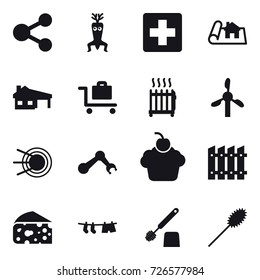 16 vector icon set : share, dna modify, project, house with garage, baggage trolley, radiator, fence, cheese, drying clothe, toilet brush, duster