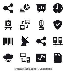 16 vector icon set : share, diagram, presentation, clock, notebook connect, crystall  memory, satellite antenna