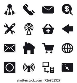 16 vector icon set : share, phone, mail, dollar arrow, pencil wrench, antenna, add to basket, left arrow, home, globe, ring button
