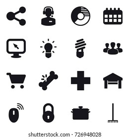 16 vector icon set : share, call center, circle diagram, calendar, monitor arrow, bulb, group, cart, garage, pan, rake