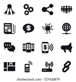 16 vector icon set : share, gear, team, newspaper, money message, chip, globe connect, discussion, server, phone pay, megafon
