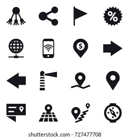16 vector icon set : share, flag, percent, globe connect, phone wireless, dollar pin, right arrow, left arrow, lighthouse, compass