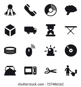 16 Vector Icon Set : Share, Phone, Circle Diagram, 3d, Iron Board, Inflatable Pool, Kettle, Scissors, Toilet Cleaning