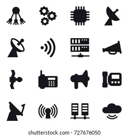 16 vector icon set : share, gear, chip, satellite antenna, wireless, server, loudspeaker, intercome