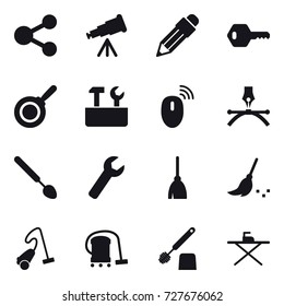 16 vector icon set : share, telescope, pencil, key, pan, repair tools, big spoon, wrench, broom, vacuum cleaner, toilet brush, iron board