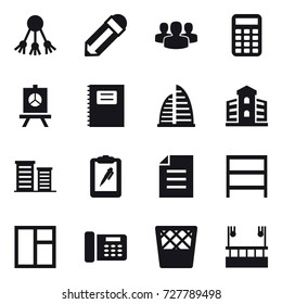 16 vector icon set : share, pencil, group, calculator, presentation, copybook, skyscraper, building, district, rack, window, trash bin, skyscapers cleaning
