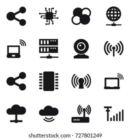 16 vector icon set : share, chip, atom core, globe connect, notebook wireless, server, web cam, wireless