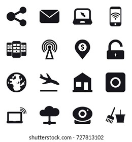 16 vector icon set : share, mail, notebook, phone wireless, server, antenna, dollar pin, unlock, arrival, home, ring button, bucket and broom