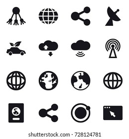 16 vector icon set : share, globe, satellite antenna, eco car, cloude service, cloud wireless, antenna, earth, passport