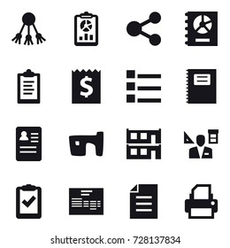 16 vector icon set : share, report, annual report, clipboard, receipt, list, copybook, slum, modular house, architector