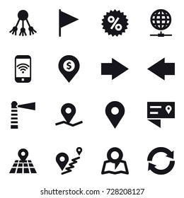 16 vector icon set : share, flag, percent, globe connect, phone wireless, dollar pin, right arrow, left arrow, lighthouse, map, reload