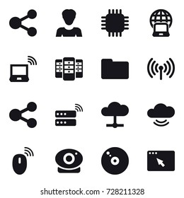 16 vector icon set : share, woman, chip, notebook globe, notebook wireless, server, wireless